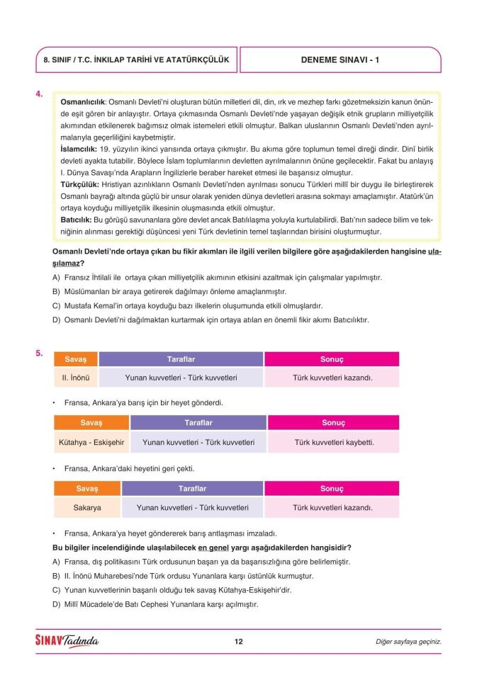 Sınav Yayınları 8. Sınıf LGS 1. Dönem 5 Deneme