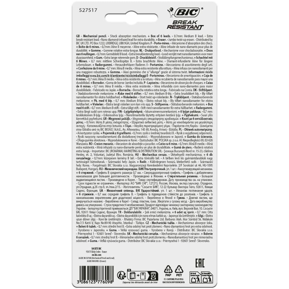 BIC Break Resıstant Versatil Kalem 1 Kalem +1 Silgi+6'li Min Blister-03 Yeşil