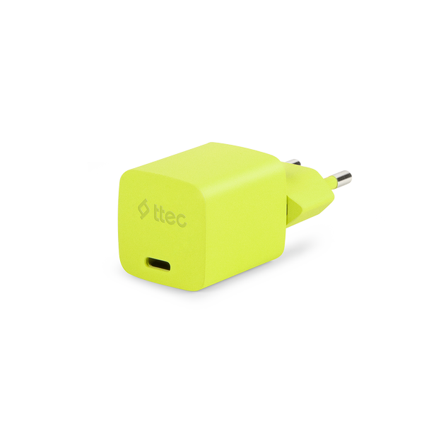 ttec SmartCharger GAN 20W PD Seyahat Hızlı Şarj Aleti + USB-C - USB-C 3A Kablo Neon Sarı