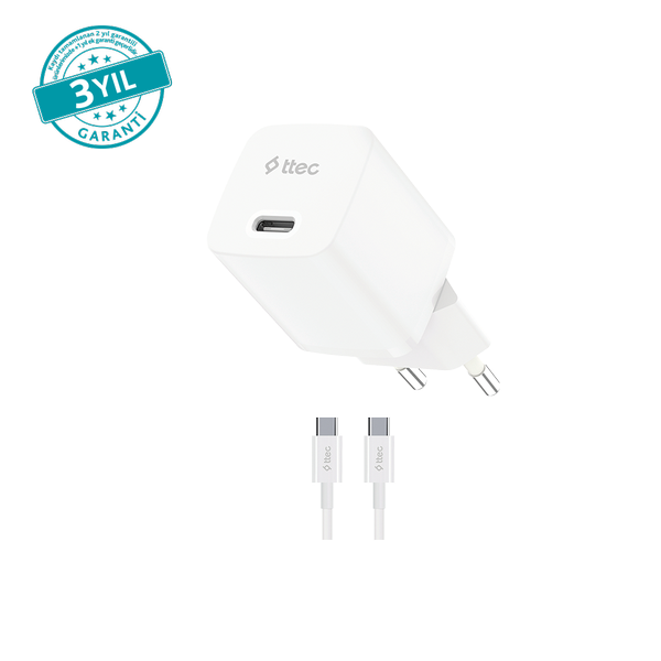 ttec SmartCharger GAN 30W PD Seyahat Hızlı Şarj Aleti + USB-C - USB-C 3A Kablo 2SCG30CB