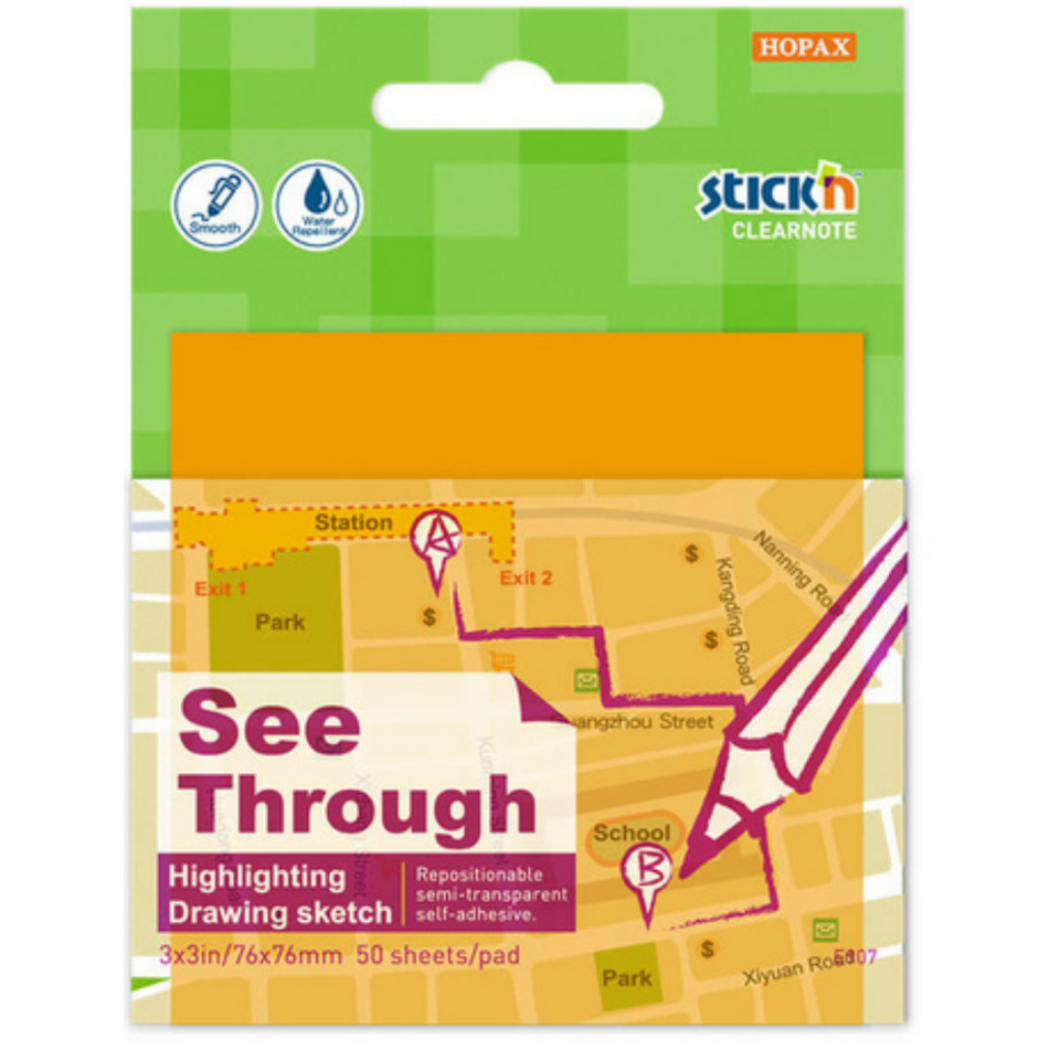 Hopax Stickn Yapışkanlı Not Kağıdı 76x51mm Yarı Saydam Turuncu 50yp
