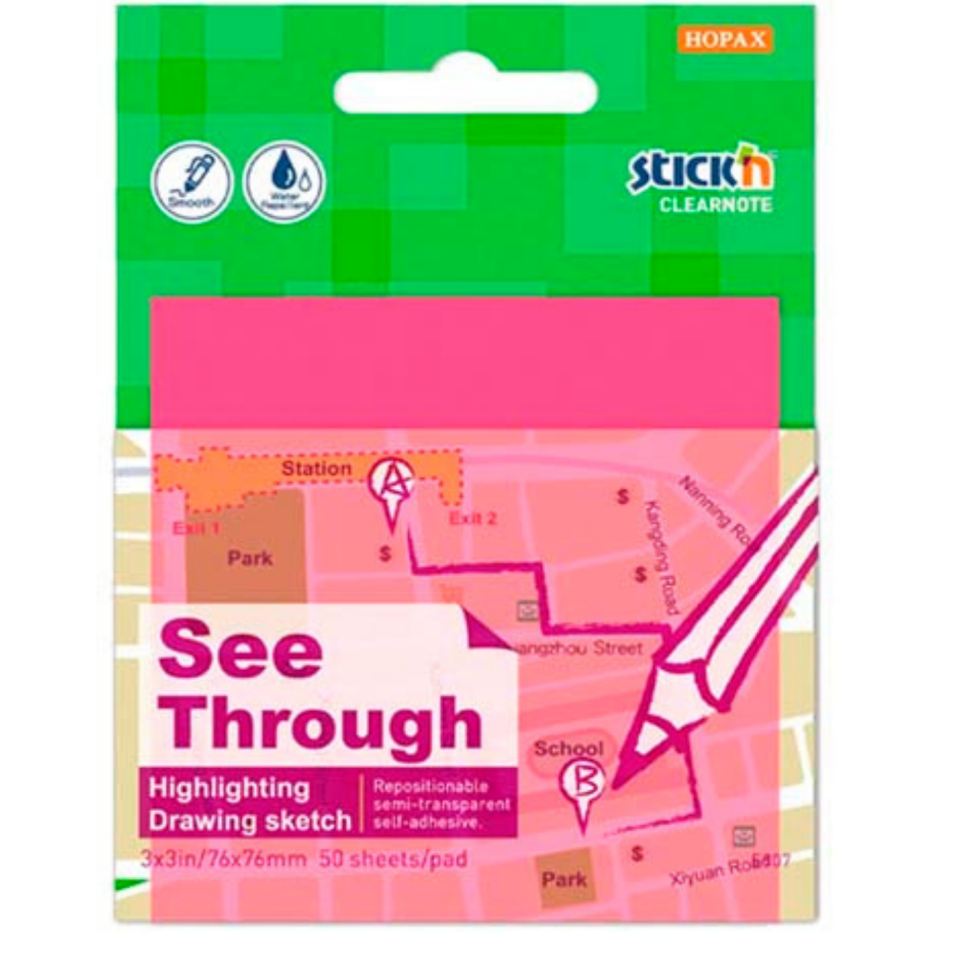 Hopax Stickn Yapışkanlı Not Kağıdı 76x51mm Yarı Saydam Pembe 50yp