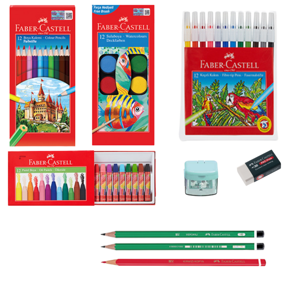 Faber Castell Okul Öğrenci Kırtasiye Seti 212 | 12’li Boya + Kalem Seti