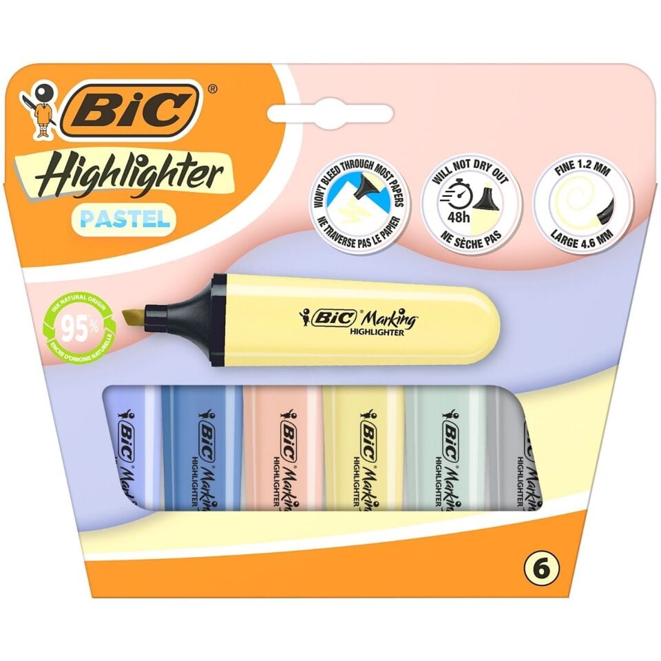 BIC Highlighter Flat Fosforlu Kalem Pastel  6'lı 302809