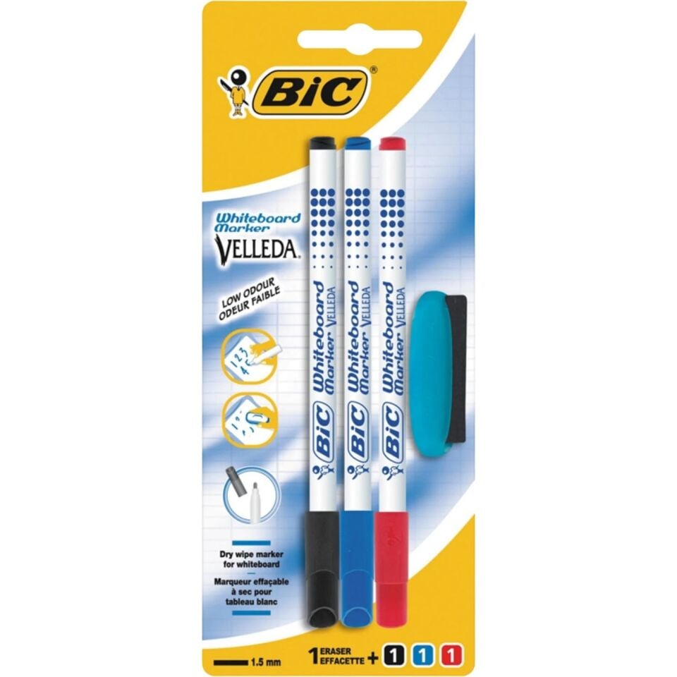 BIC Velleda 1721 Çocuk Tahta Kalemi  4'lü Blister (3 Kalem+Silgi)