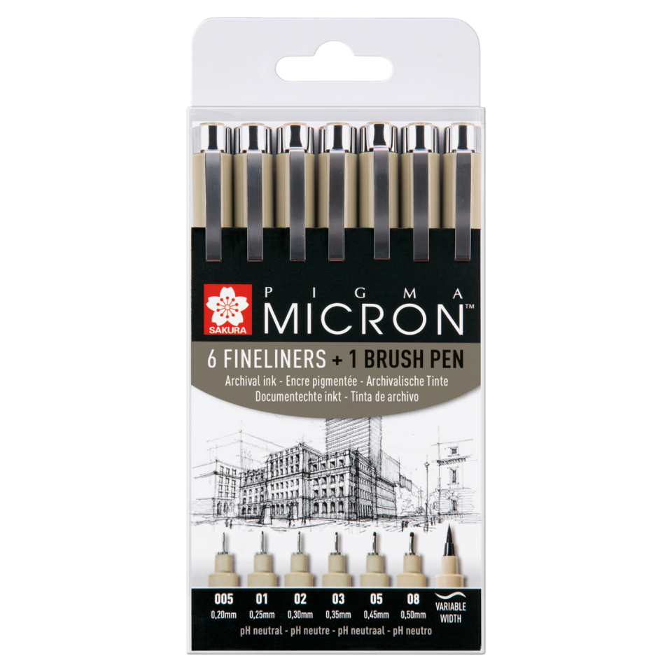 Sakura Pigma Micron İnce Uçlu Kalem Seti | 6 Farklı Boyutta + 1 Pigma Fırça, Siyah