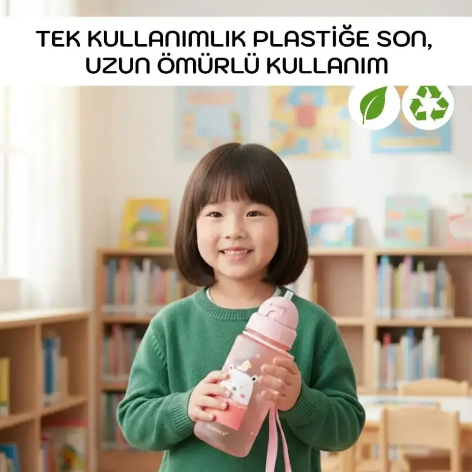 Uzspace Sevimli Hayvan Desenli Soft-Touch  400ml Trıtan Su Matarası Pembe